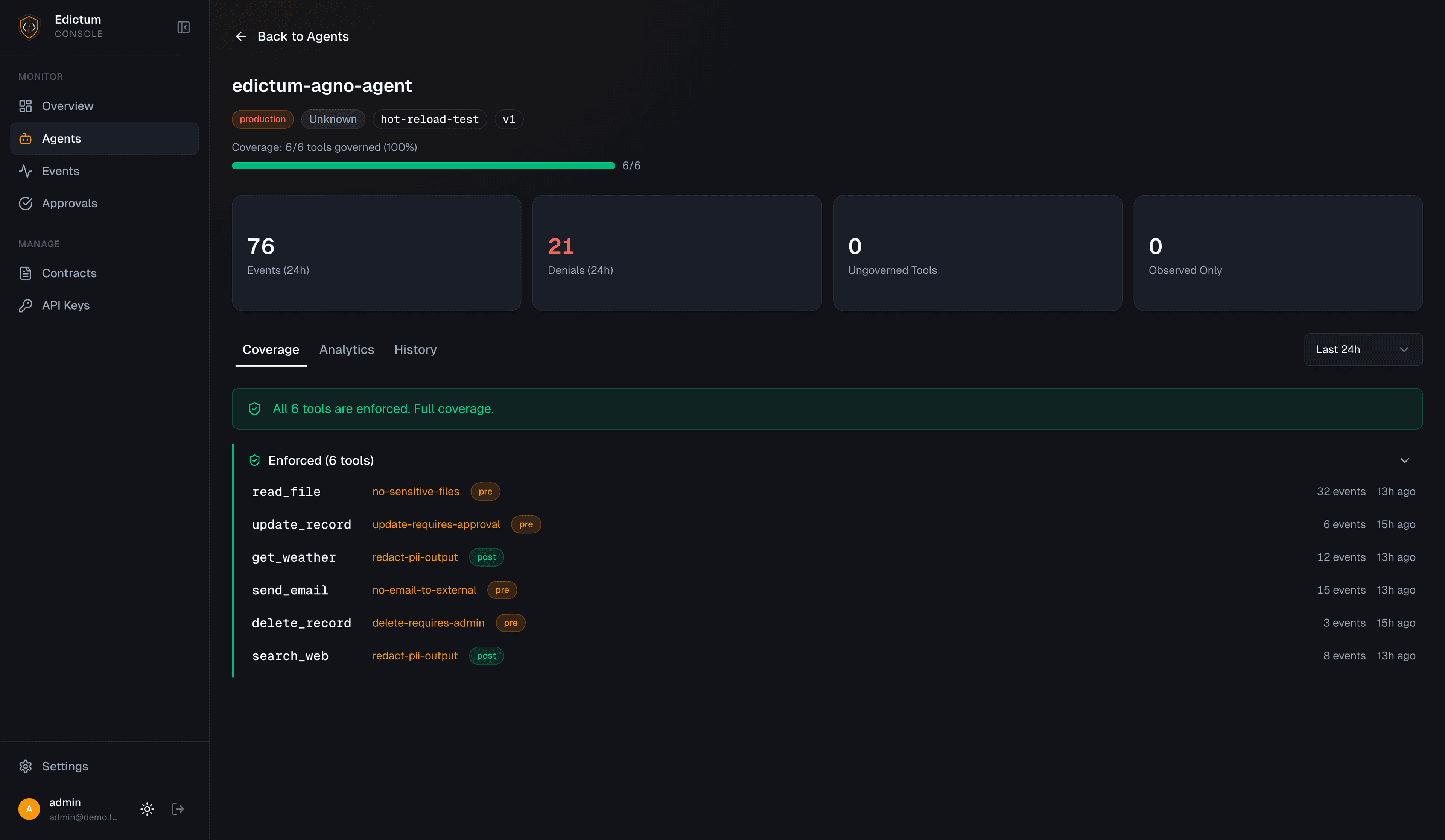 Agent detail page with coverage and analytics