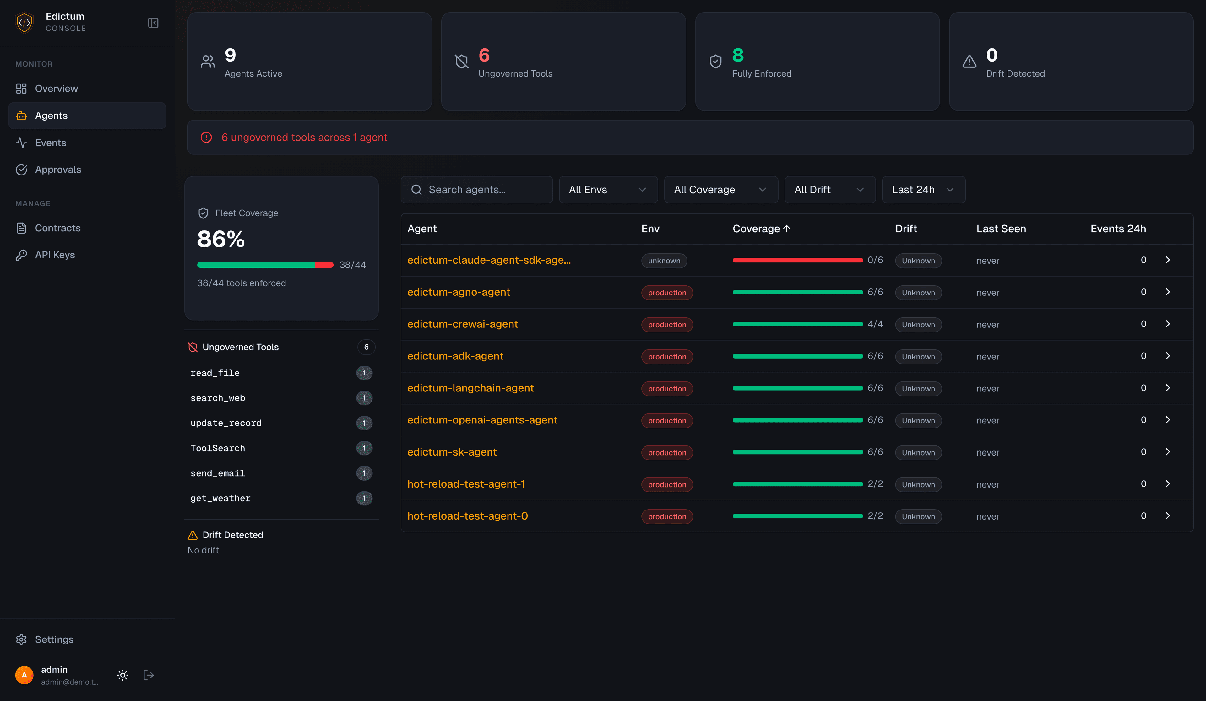 Fleet monitoring showing connected agents