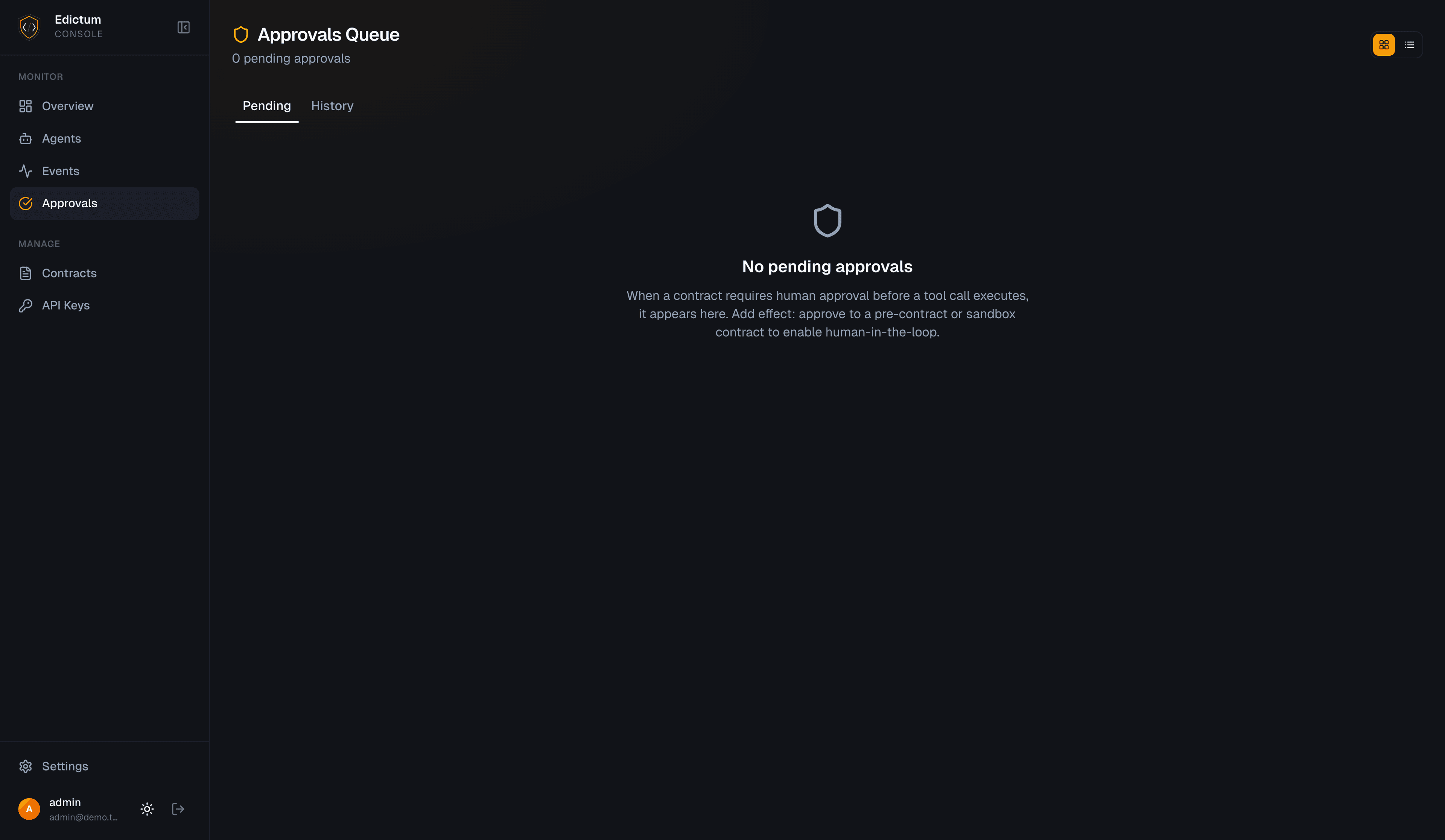 Approval queue in the console dashboard