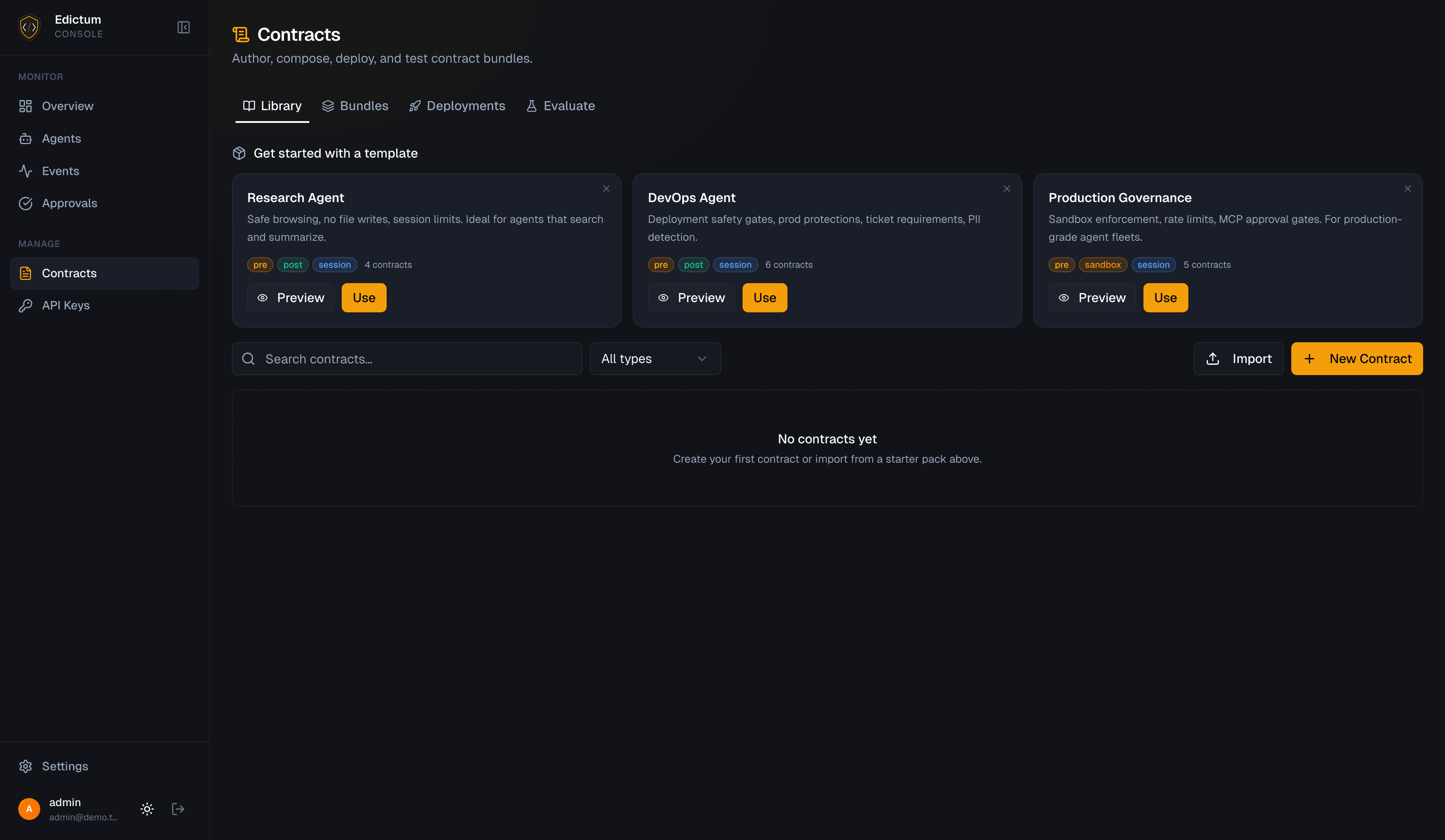 Contract management page in the console