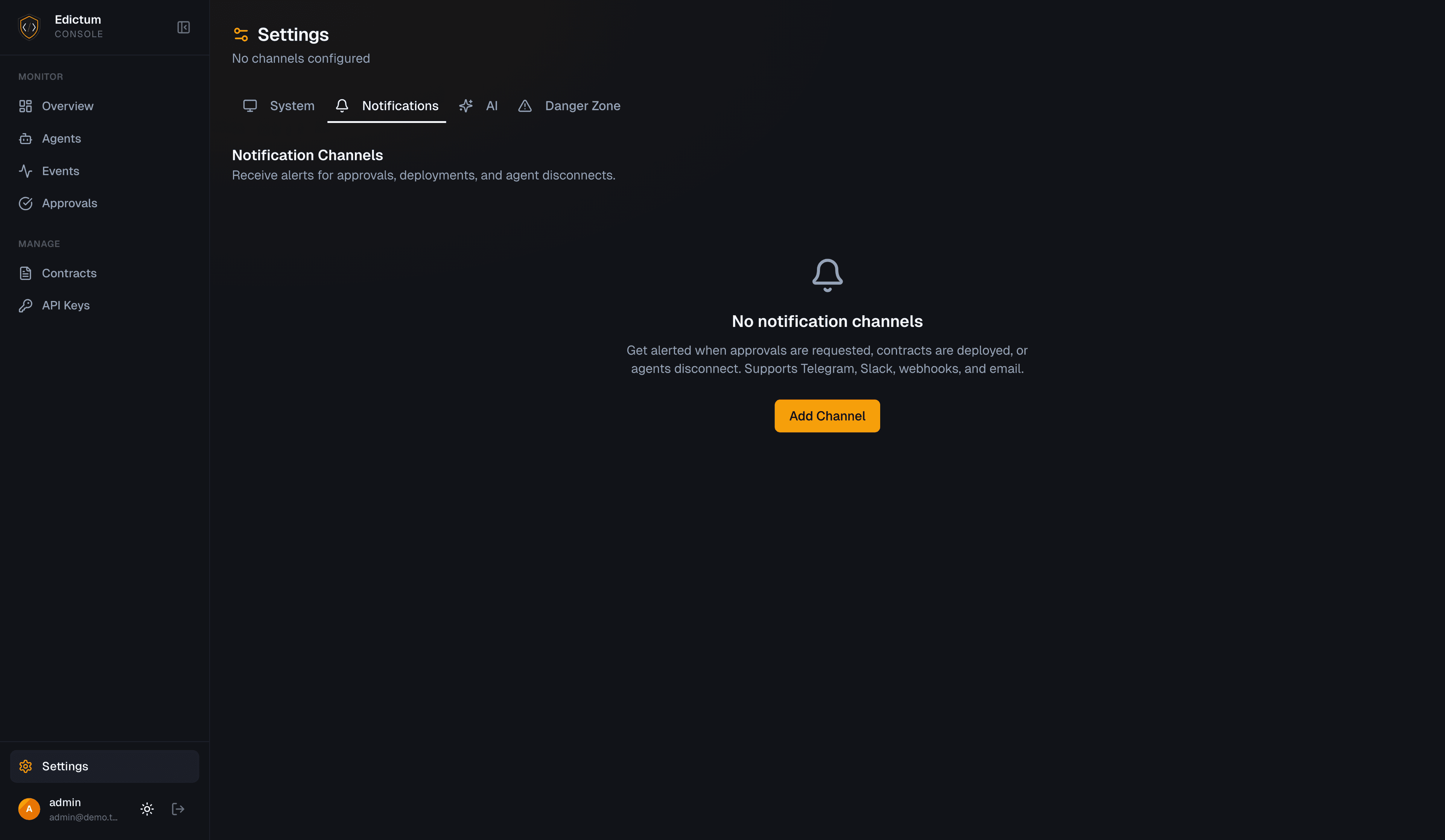 Notification channel configuration in settings
