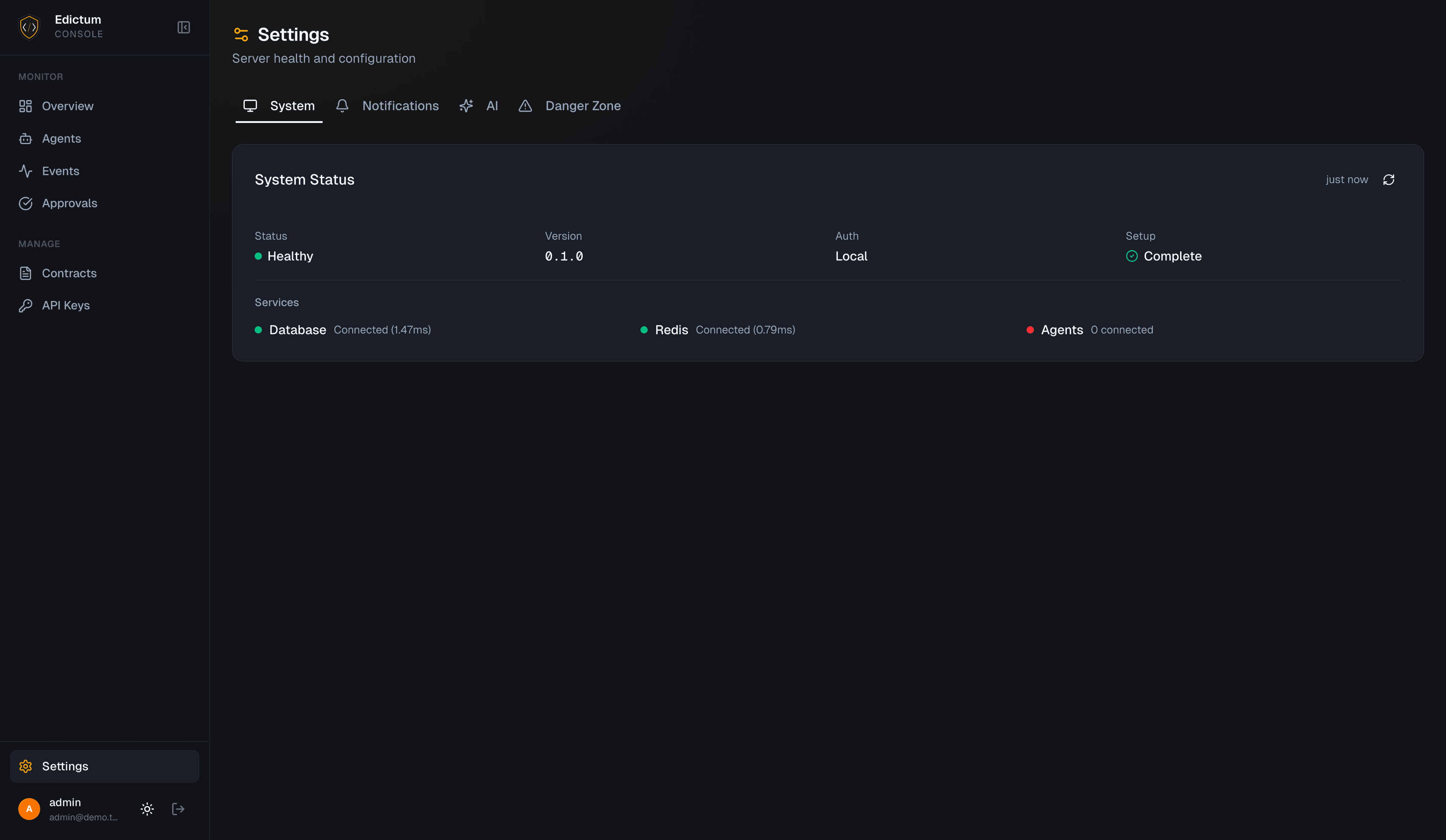 Console settings page